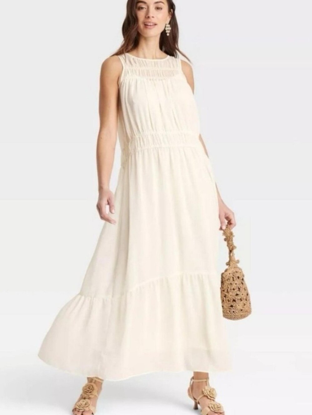 Sleeveless Cream Maxi Dress with Smocked Waist